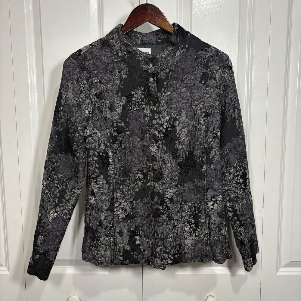 Chico’s Jacket Womens 2 Floral Brocade Textured Button Up Evening Boho Chic
